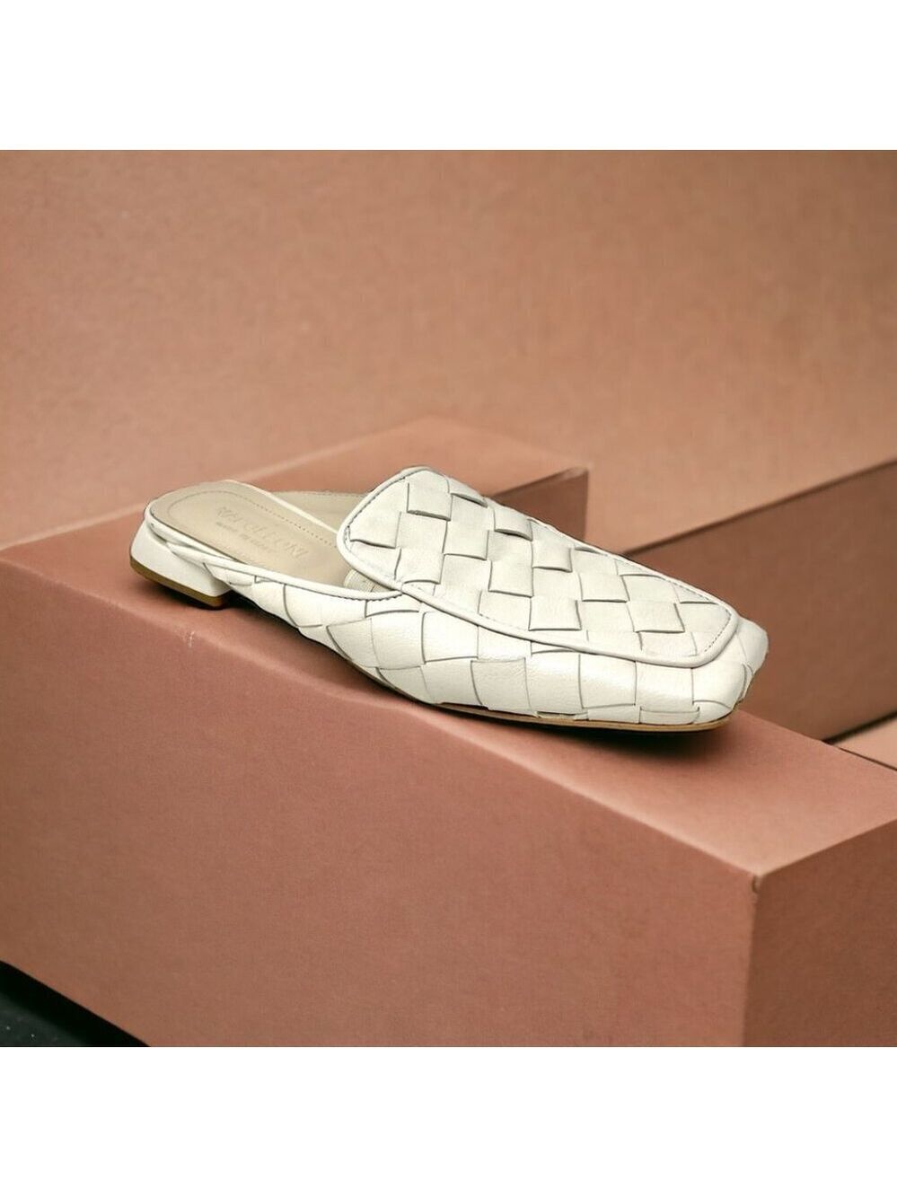 * Napoleoni White Woven Leather Square Toe Flat Mules Made in Italy Size 40